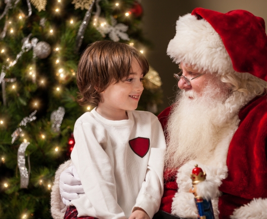 santa with a child in front of a christmas tree