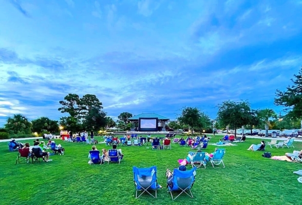 Outdoor movie screening on a large projection screen