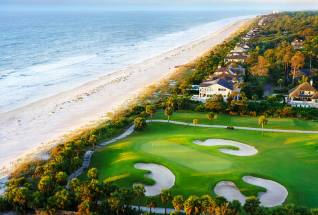 Aerial view of golf course greens