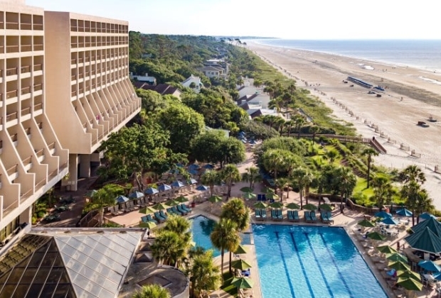 Aerial view of Marriott featuring pool side patio and beach