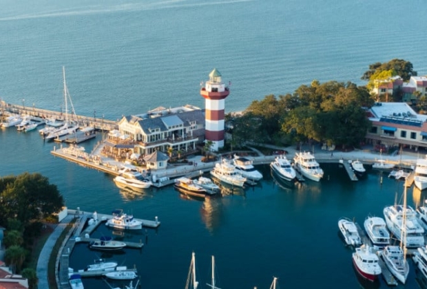 Quarterdeck venue nestled on the water near a lighthouse