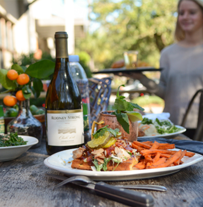 Restaurant patio table with food